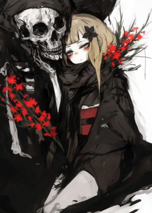 Skeleton and Girl: A Dark Romance Artwork - Premium Wooden Framed Poster. Ready to Hang.