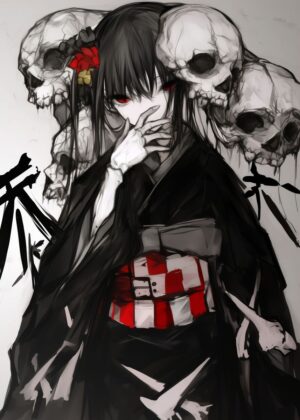 Anime Girl with Skulls: Dark Gothic Art Print - Premium Wooden Framed Poster. Ready to Hang.