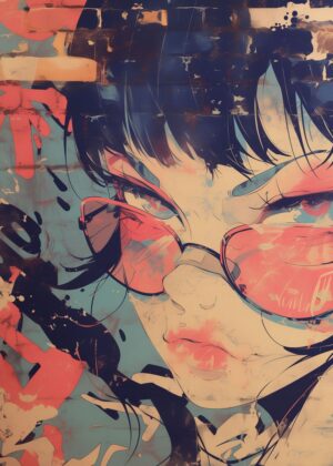 Stylish Anime Girl with Sunglasses: Vibrant Urban Art Print - Premium Wooden Framed Poster. Ready to Hang.
