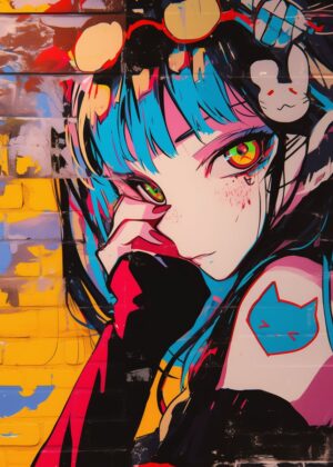 Vibrant Anime Girl Graffiti Art Print - Premium Wooden Framed Poster. Ready to Hang.
