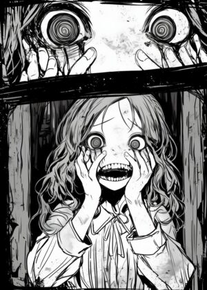 Disturbing Horror Manga Panel: A Ghastly Girl's Grimace - Premium Wooden Framed Poster. Ready to Hang.