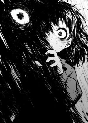 Horror Manga Illustration: Terrified Girl - Premium Wooden Framed Poster. Ready to Hang.