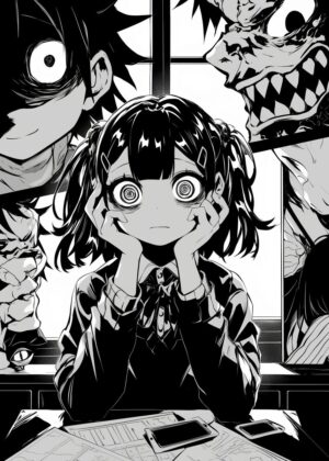 Anime Girl with Disturbed Expressions: A Dark Fantasy Illustration - Premium Wooden Framed Poster. Ready to Hang.