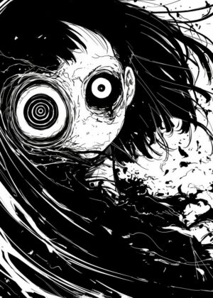 Horror Manga Girl: Disturbingly Beautiful Ink Artwork - Premium Wooden Framed Poster. Ready to Hang.