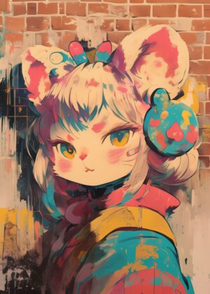 Adorable Anime Cat Girl Art Print - Premium Wooden Framed Poster. Ready to Hang.