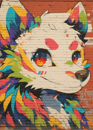 Vibrant Wolf Graffiti Art Print - Premium Wooden Framed Poster. Ready to Hang.