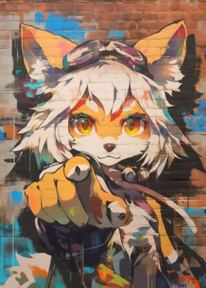 Vibrant Fox Girl Graffiti Art Print - Premium Wooden Framed Poster. Ready to Hang.