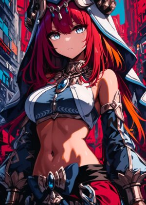 Anime Priestess Woman: Fiery Red Hair and Striking Blue Eyes - Premium Wooden Framed Poster. Ready to Hang.