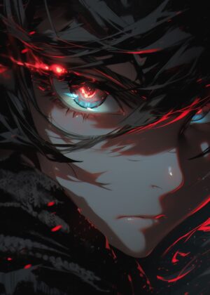 Anime Character Close-Up: Intense Gaze - Premium Wooden Framed Poster. Ready to Hang.
