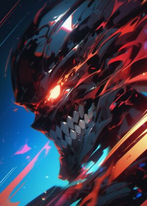 Fiery Demon Face: Digital Art Print - Premium Wooden Framed Poster. Ready to Hang.