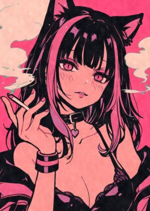 Smoking Anime Cat Girl Art Print - Premium Wooden Framed Poster. Ready to Hang.