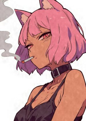 Pink Hair Anime Cat Girl Smoking Art Print - Premium Wooden Framed Poster. Ready to Hang.