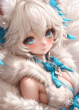 Anime Girl with White Hair and Blue Eyes: Art Print - Premium Wooden Framed Poster. Ready to Hang.