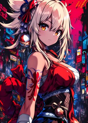 Fiery Anime Girl in Red Kimono: Vibrant Artwork - Premium Wooden Framed Poster. Ready to Hang.