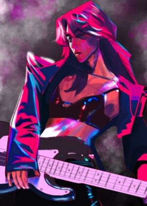 Electric Dreams: Cyberpunk Rockstar Art Print - Premium Wooden Framed Poster. Ready to Hang.