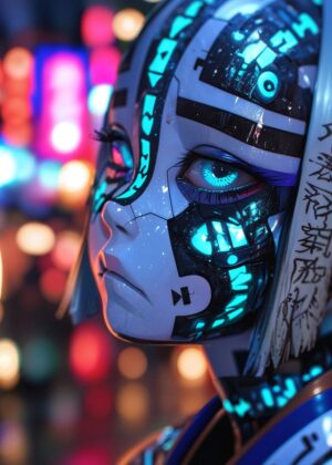 Cyberpunk Female Portrait: Neon Dreams - Premium Wooden Framed Poster. Ready to Hang.