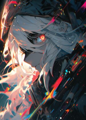 Fiery Anime Girl with Crimson Eye Art Print - Premium Wooden Framed Poster. Ready to Hang.