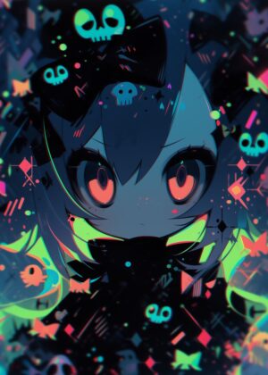Cyberpunk Anime Girl with Skull Accents - Premium Wooden Framed Poster. Ready to Hang.