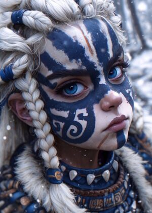 Warrior Woman with Blue Tribal Paint: A Stunning Digital Art Print - Premium Wooden Framed Poster. Ready to Hang.