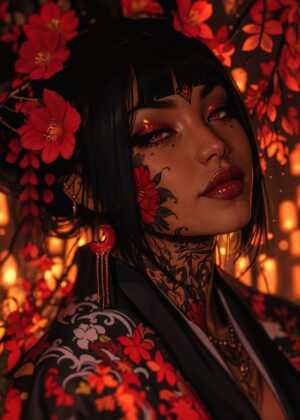 Crimson Blossom: A Japanese-Inspired Digital Art Print - Premium Wooden Framed Poster. Ready to Hang.