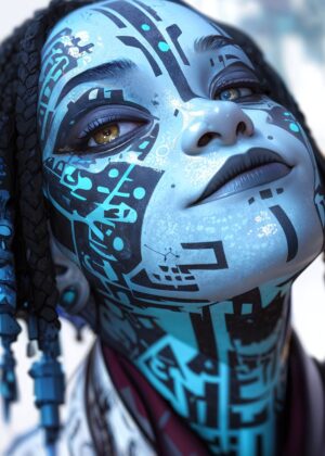 Cyberpunk Face Art: Futuristic Tribal Makeup - Premium Wooden Framed Poster. Ready to Hang.