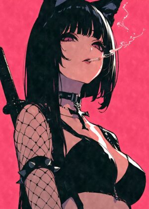 Smoking Samurai Goth Anime Cat Girl Art Print - Premium Wooden Framed Poster. Ready to Hang.