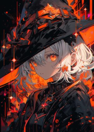 Fiery Anime Witch: Orange Eyes & Gothic Style - Premium Wooden Framed Poster. Ready to Hang.
