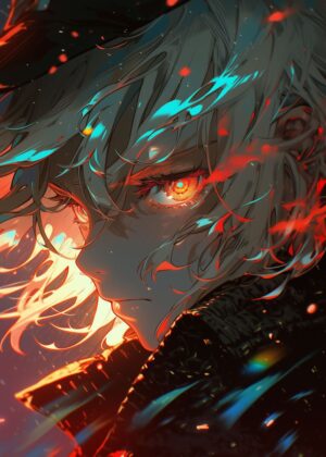 Fiery Anime Girl: A Portrait in Flame - Premium Wooden Framed Poster. Ready to Hang.