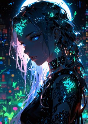 A Portrait of Serenity: Anime Girl in a Cyberpunk Cityscape - Premium Wooden Framed Poster. Ready to Hang.