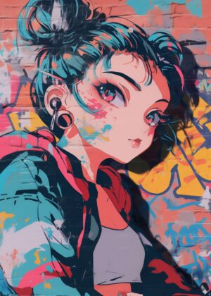 Anime Girl Graffiti Art Print - Premium Wooden Framed Poster. Ready to Hang.