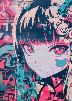 Vibrant Anime Graffiti Mural Art Print - Premium Wooden Framed Poster. Ready to Hang.