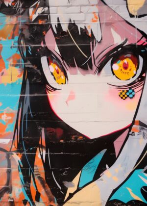 Vibrant Anime Graffiti Mural Art Print - Premium Wooden Framed Poster. Ready to Hang.