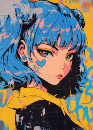 Vibrant Anime Girl Street Art Print - Premium Wooden Framed Poster. Ready to Hang.