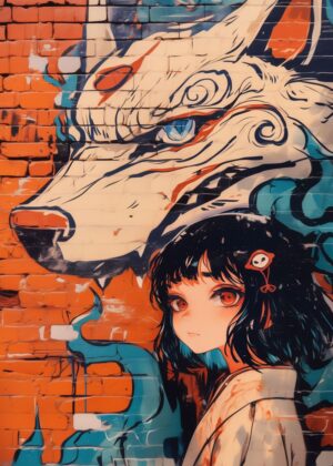 Anime Girl and Kitsune Graffiti Art Print - Premium Wooden Framed Poster. Ready to Hang.