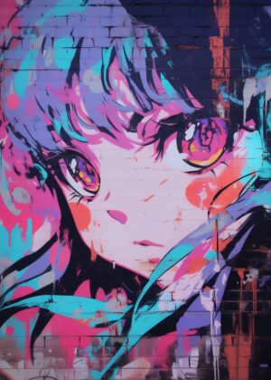 Vibrant Anime Graffiti Mural Art Print - Premium Wooden Framed Poster. Ready to Hang.