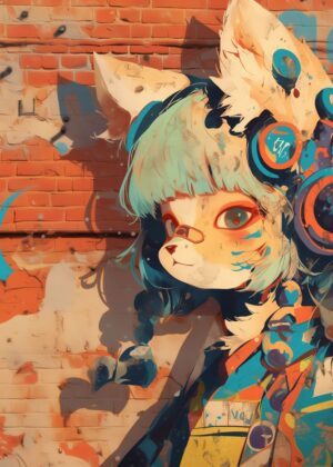 Anime Fox Girl Graffiti Art Print - Premium Wooden Framed Poster. Ready to Hang.