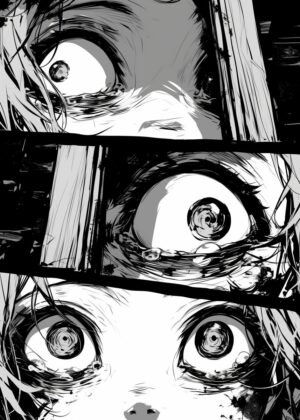 Anime Eyes of Terror: A Chilling Collection of Digital Art - Premium Wooden Framed Poster. Ready to Hang.