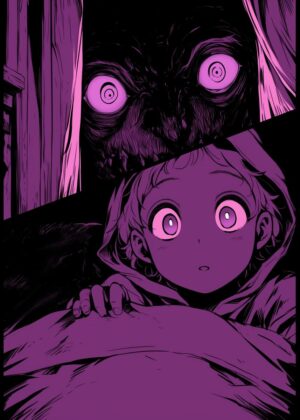 Horror Manga Panel: Child's Nightmare - Premium Wooden Framed Poster. Ready to Hang.