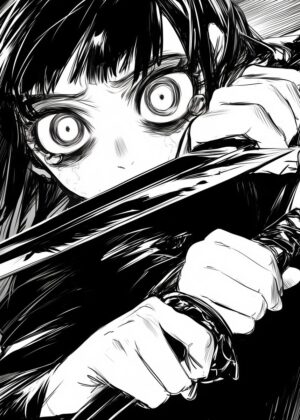 Anime Girl with Sword: A Dramatic Black and White Illustration - Premium Wooden Framed Poster. Ready to Hang.