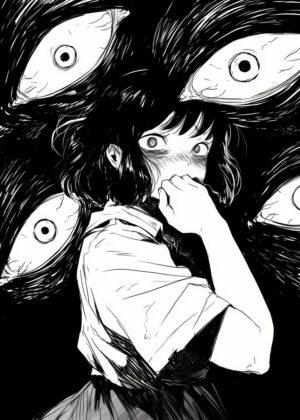 Anime Girl and the Eyes of Fear - Premium Wooden Framed Poster. Ready to Hang.