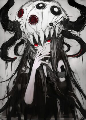 Dark Anime Girl with Skull Mask: Gothic Art Print - Premium Wooden Framed Poster. Ready to Hang.