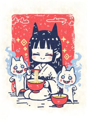 Kawaii Yokai Demon Girl Ramen Art Print - Premium Wooden Framed Poster. Ready to Hang.