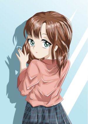 Anime Girl in Pink Sweater - Premium Wooden Framed Poster. Ready to Hang.