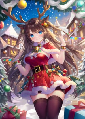 Adorable Anime Christmas Girl Art Print - Premium Wooden Framed Poster. Ready to Hang.