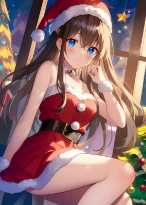 Adorable Anime Santa Girl Art Print - Premium Wooden Framed Poster. Ready to Hang.
