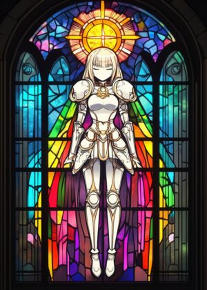 Radiant Knight: A Stained Glass Anime Art Print - Premium Wooden Framed Poster. Ready to Hang.