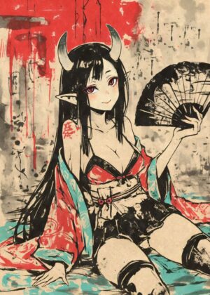 Oni Demon Girl with Fan: Japanese Art Print - Premium Wooden Framed Poster. Ready to Hang.
