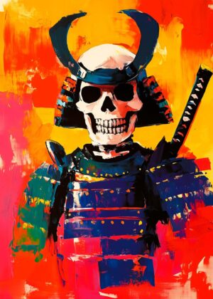 Happy Samurai Skull: Vibrant Japanese Art Print - Premium Wooden Framed Poster. Ready to Hang.