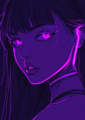 Fluorescent Glow: Cyberpunk Anime Girl Art Print - Premium Wooden Framed Poster. Ready to Hang.