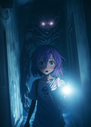 Anime Horror Illustration: Home Invasion - Premium Wooden Framed Poster. Ready to Hang.